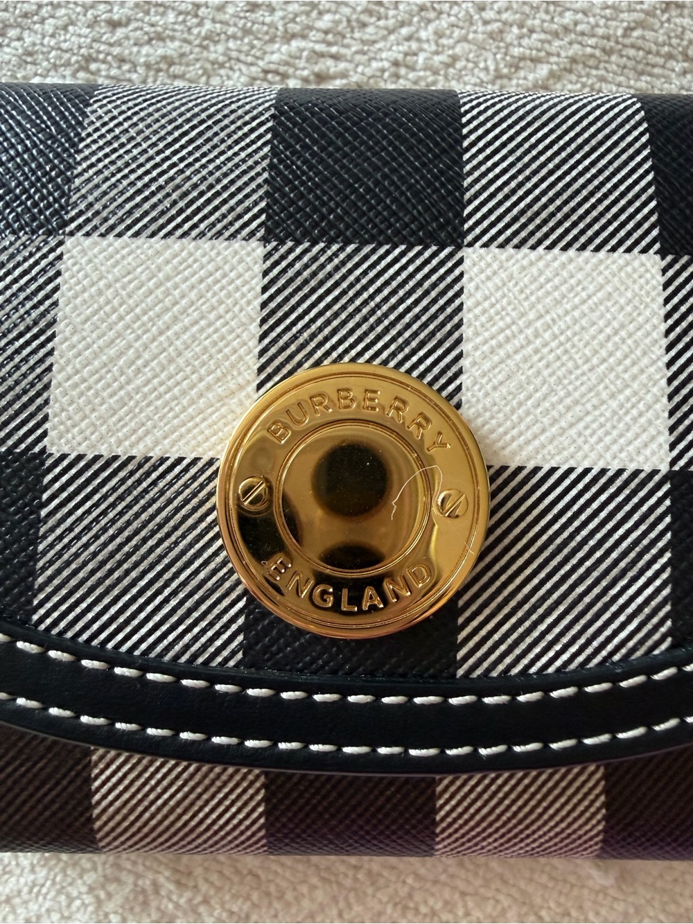 Burberry Black & White Check Leather Wallet with Gold-Tone Logo Lock- authentic